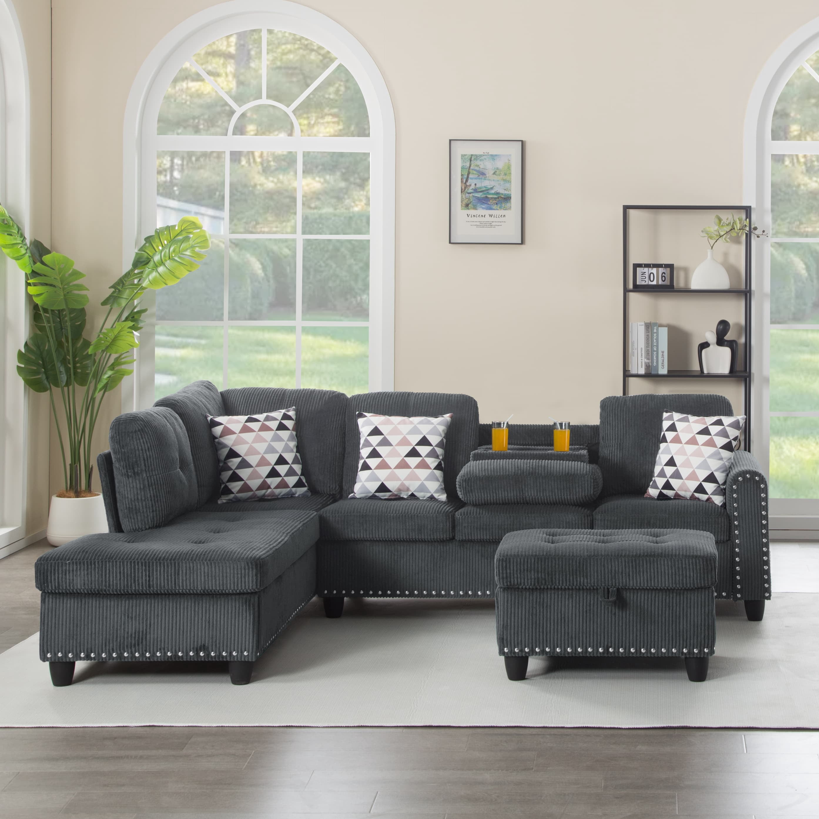 BSHTI 94.49”L-Shaped Modular Sectional Sofa, with Convenient Storage Ottoman, Corduroy Fabric, Drop-Down Middle Backrest with Two Built-In Cup Holders, Dark Gray