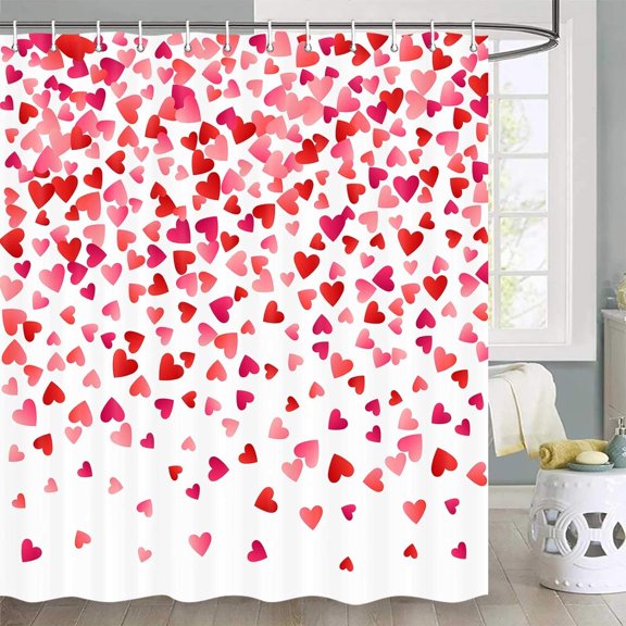 Valentines Day Shower Curtain, Valentines Day Falling Red Hearts Watercolor Falling Red Heart Bathroom Curtain Sets, Fabric Shower Curtain Hooks Include (69X70)