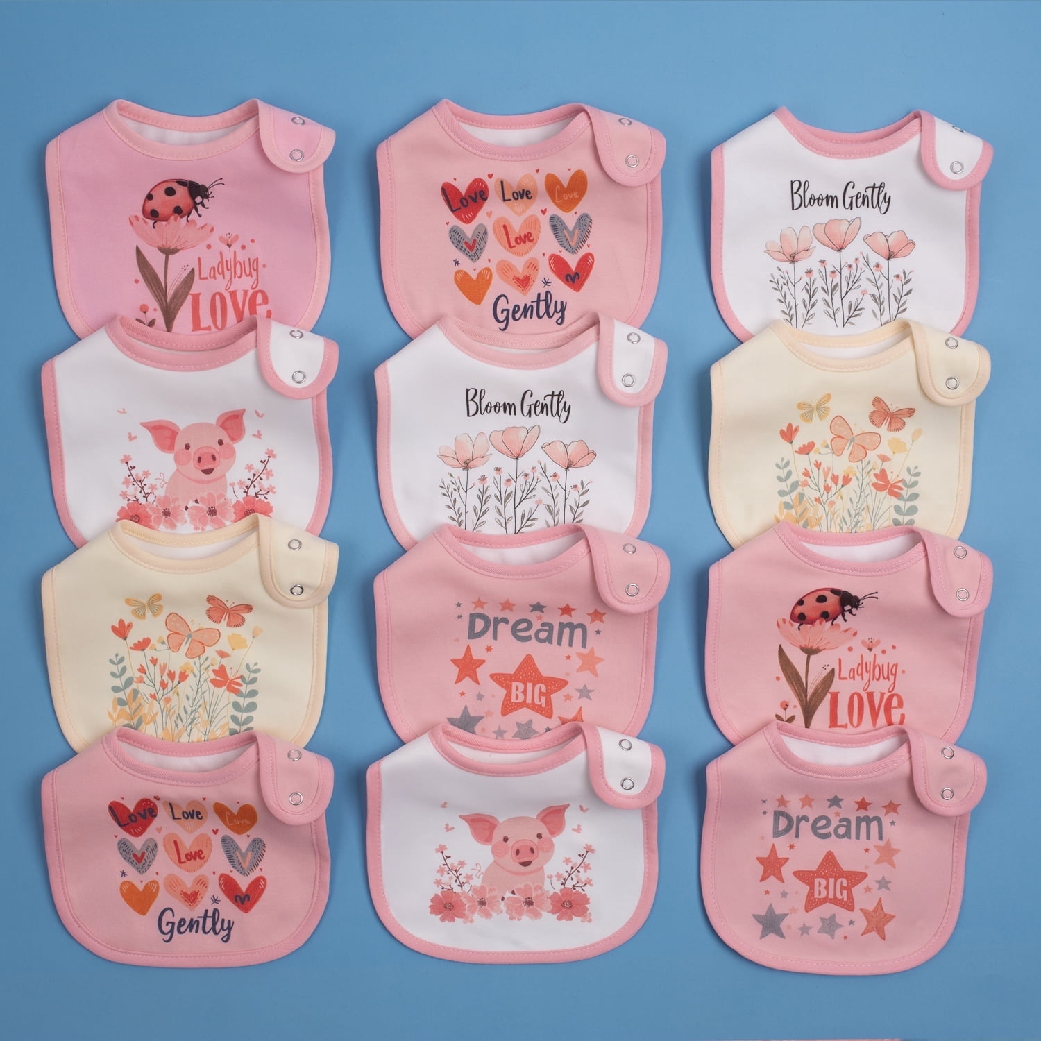 12-Pack Waterproof Baby Bibs for Boys & Girls | Absorbent Cotton with Adjustable Snaps for Feeding, Teething & Drooling