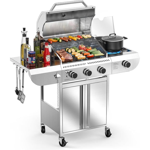 34000 BTU 3-Burner Stainless Steel Propane Grill, Outdoor BBQ Grill with Side Burner for Patio, Garden & Backyard