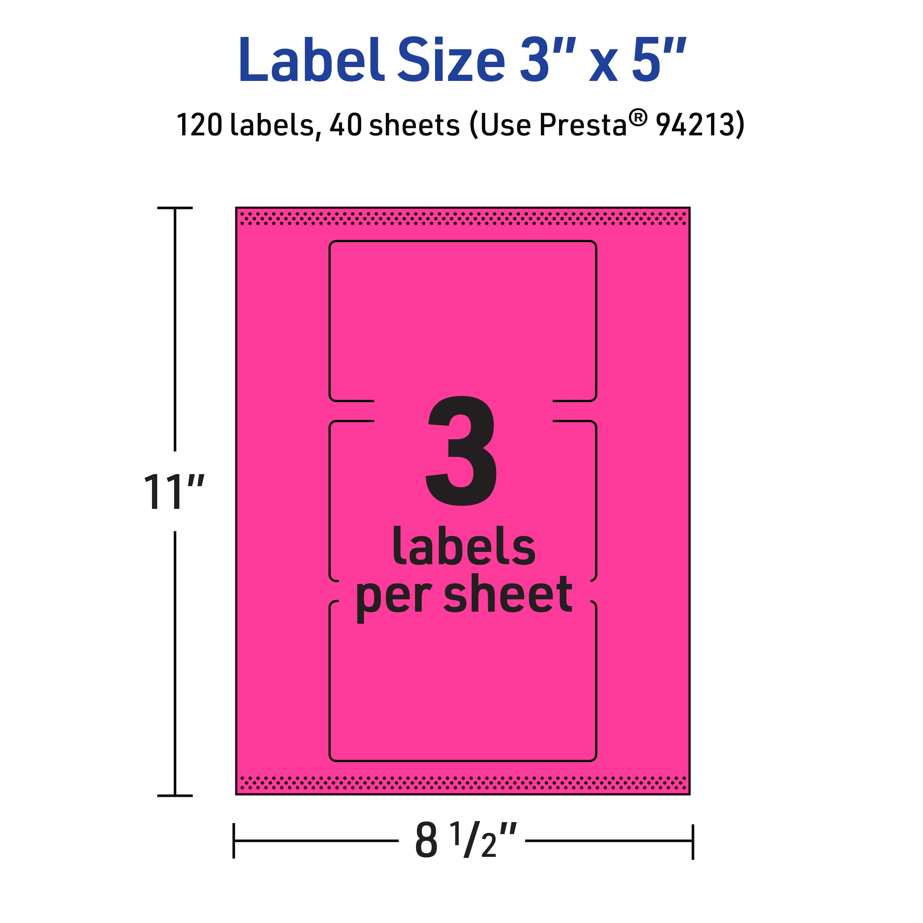 Avery Printable Rectangle Labels, Neon Magenta, 3" x 5", 120ct