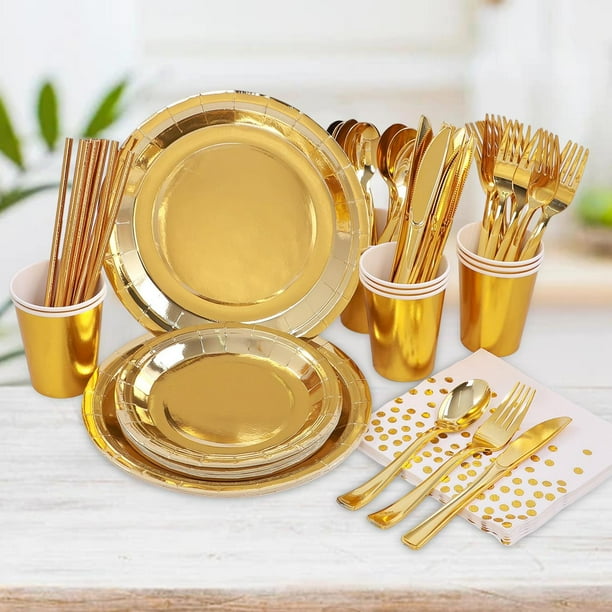 Vajil desechable Sustros de decoración Cucharas de tenedores Servilletas de siete cubiertos Vajil para Festival Oro Colco Vajillas Desechables