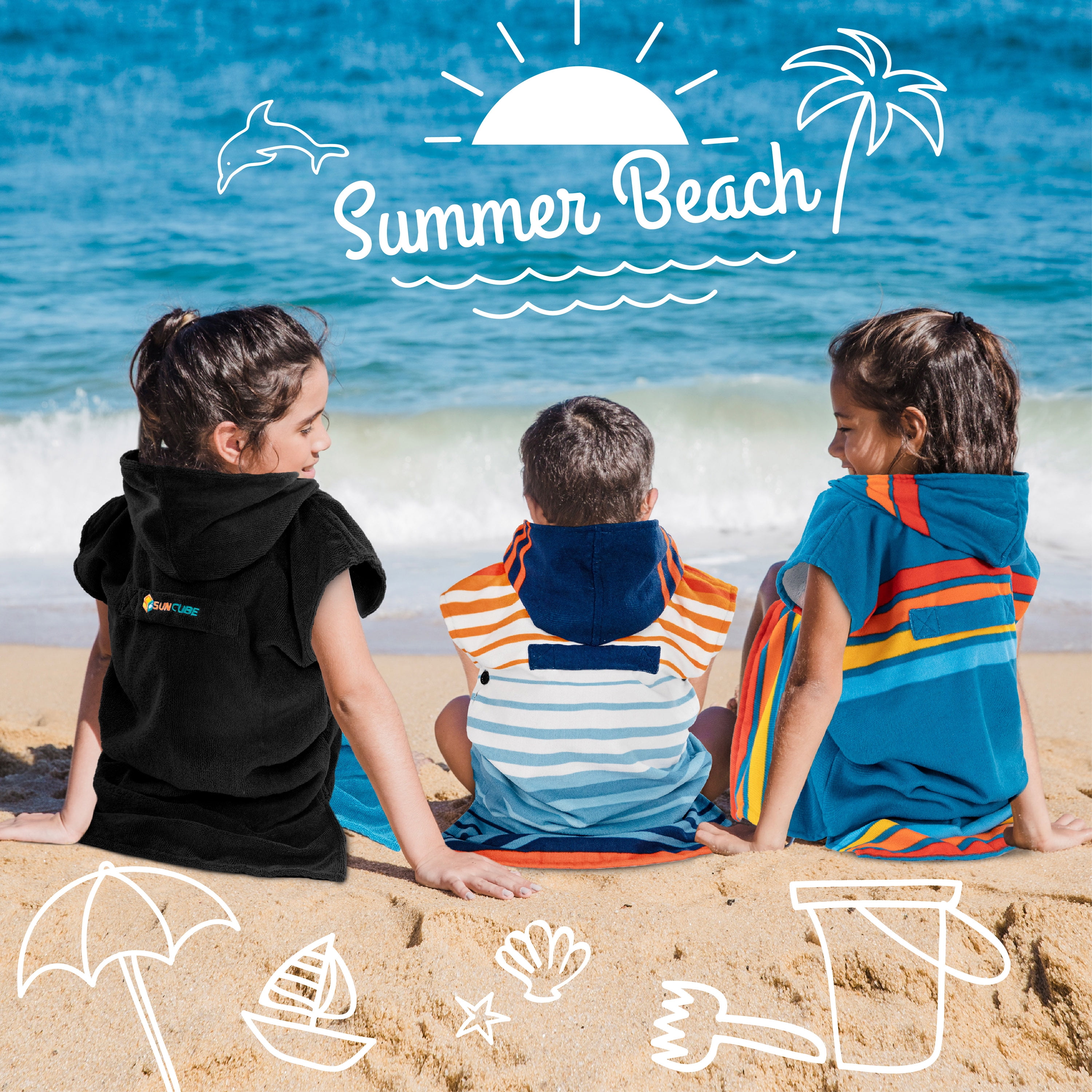 SUN CUBE Kids Changing Robe Surf Poncho, Kids Beach Towels, Hooded Towel For Toddler Bath Pool, Microfiber Quick Dry Wearable Towel Poncho with Hood, Swim Towel for Boys Girls 3-7 Years, Black