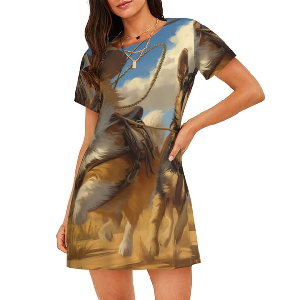 Disketp Farm Corgi German Shepherd para Camisón Corto de Manga Corta para Mujeres, Camisón Cómodo con Escote Redondo, Bonito y Confortable