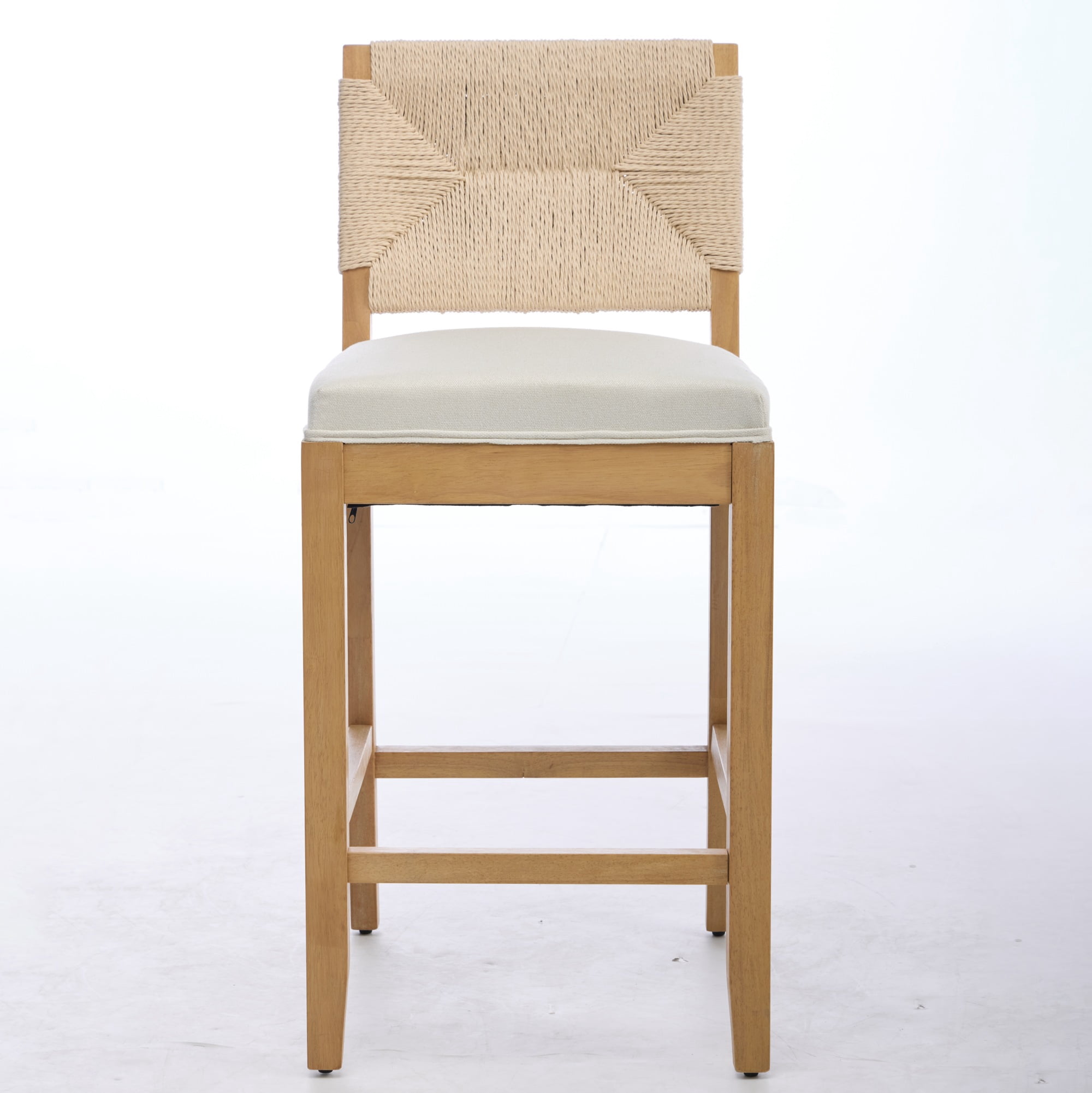 Garitin Bar Stool Set of 2 and Hand Woven Rattan Counter Stools, 27 Inch Seat Height with Linen Cushion for Kitchen Island, Beige