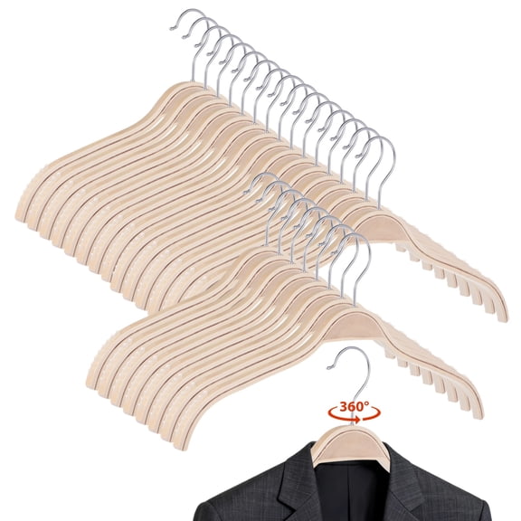 30 PCS Non-Slip Wood Hangers, Slim Wooden Clothes Hangers with Soft Non-Slip Rubber Grip, Curved Shoulder Design, 360° Rotatable Metal Hook Hangers for Shirts Sweaters Jackets Dresses