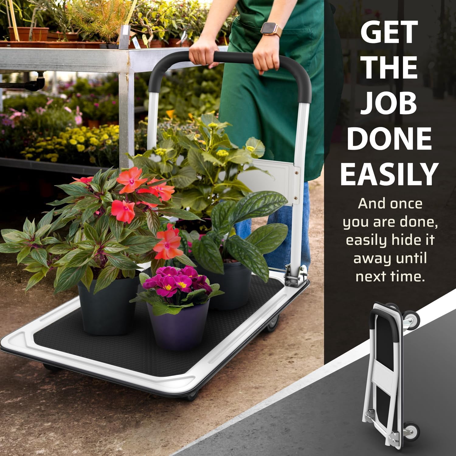 Upgraded Foldable Push Cart Dolly | 660 lbs. Capacity Moving Platform Hand Truck | Heavy Duty Space Saving Collapsible | Swivel Push Handle Flat Bed Wagon (White, 660 lbs. Capacity)