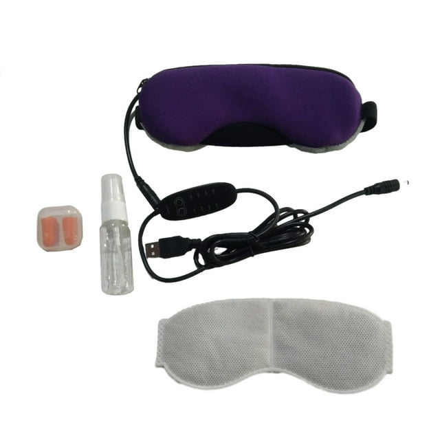Langgg Heated Eye Pad USB Cold Heating Warm Compress Steam Sleep Eye Protector for Dark Circles, Lavender, Purple. Includes a purple velvet eye mask with USB connection, adjustable headband, earplugs, spray bottle, and mesh cover. Ideal for relieving eye fatigue, stress, and dry eyes, it is lightweight, foldable, and portable, suitable for skin care routines.