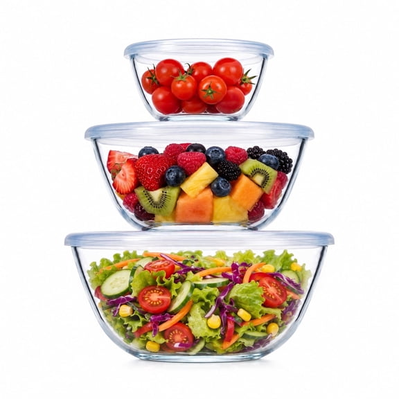 Vesteel 3Pcs Glass Mixing Bowls with Lids Set (0.8QT, 2.9QT, 4.8QT), Nesting Kitchen Salad Bowls with Airtight Vent Lid for Cooking Baking Prepping, Dishwasher, Microwave & Freezer Safe