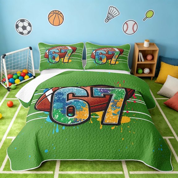 Manfei Boys Rugby Twin Quilt Set, Sport Twin Coverlet Set, Green Multicolor, Polka Dots Reversible 2-Piece, 1 Bedspread and 1 Pillowcase