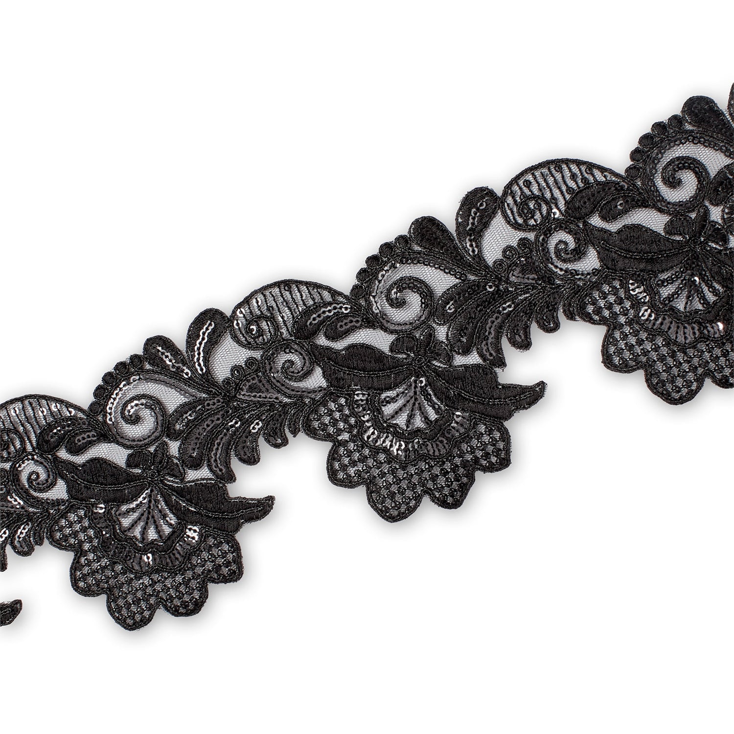 Embroidered Lace Trim 4" Leaf Floral Corded Sequin Embroidery On Sheer Polyester Scalloped Mesh - Black (9 Meters, 1 Pack)