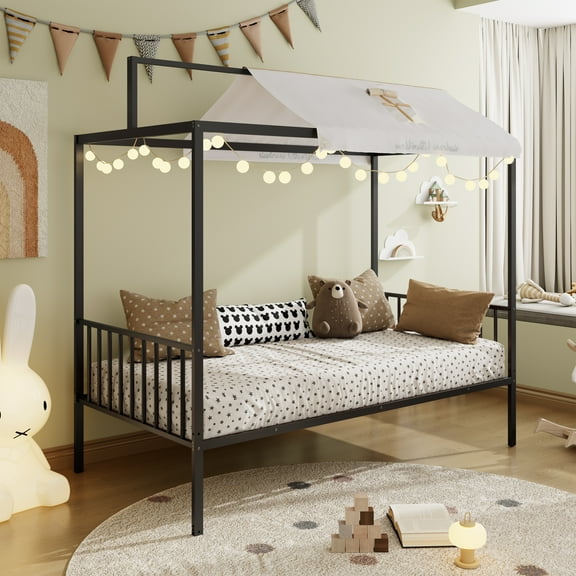 Euroco 3-in-1 Convertible Montessori Metal Bed, Toddler Bed, Floor Bed, Platform Bed,Modern Minimalist Design Canopy Bed Flame, Easy Assembly, Twin Size, Black