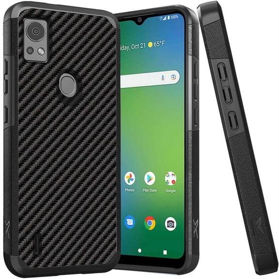 MK Dual Layer (Shockproof Protection Magnetic Mount Back) Protective Armor Cover Case for Cricket Icon 5 (with LED Keychain Light) - Carbon Fiber