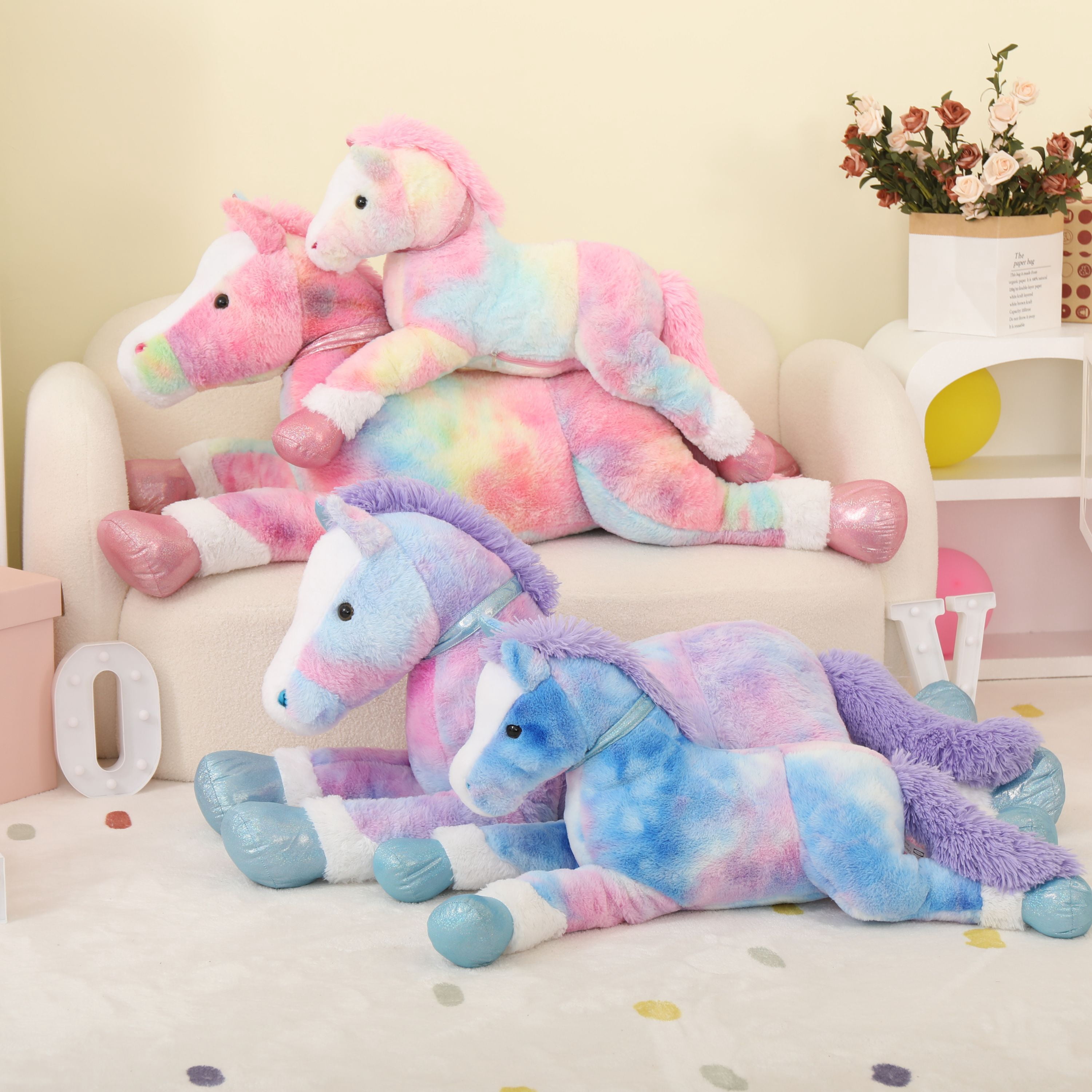 Tezituor 35.5'' Giant Horse Stuffed Animals Large Horse Plush Pillow with Tie-Dye Body Plush Toy