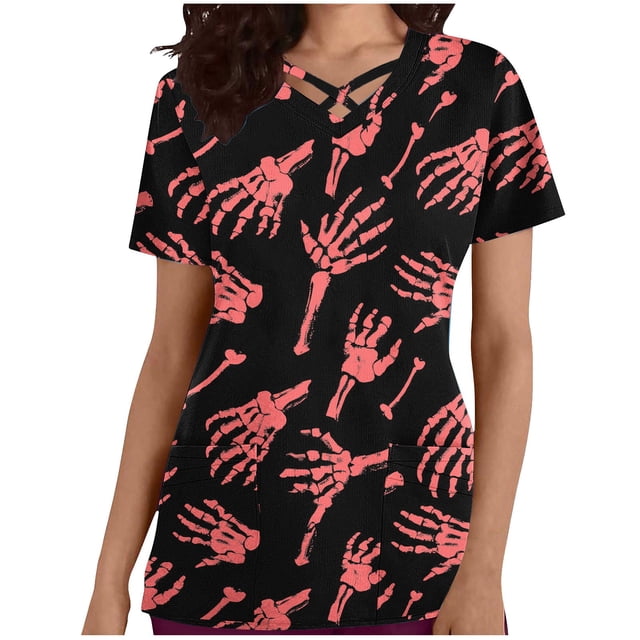 Tops Cortos para las Mujeres, Halloween Impreso en Cuello en V con Bolsillo, Moda Casual Manga Corta