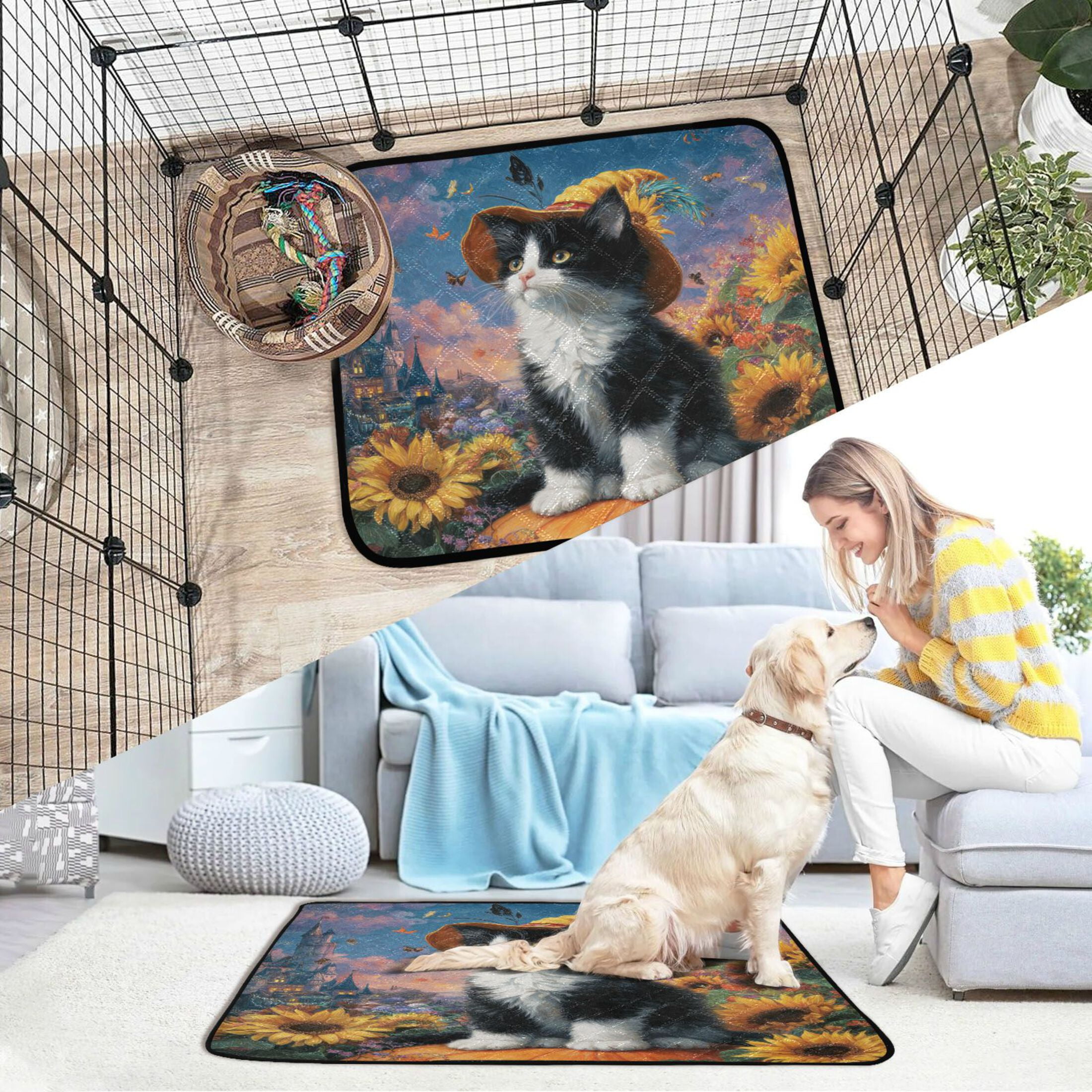 Qxltty Sunflower Black Cat Cat litter Pads Pet Set of 3 Diaper Mats Center Anti-leakage Layer Absorbent Soft and Comfortable