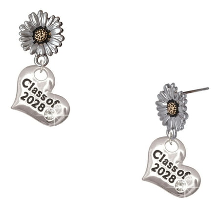 Delight Jewelry Silver-tone Class of 2028 Heart – Two-tone Daisy Flower Post Earrings
