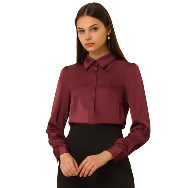 Camisa Casual de Negocios Allegra K de satén de manga Larga con Botones Y Cuello en Punta para Mujer L