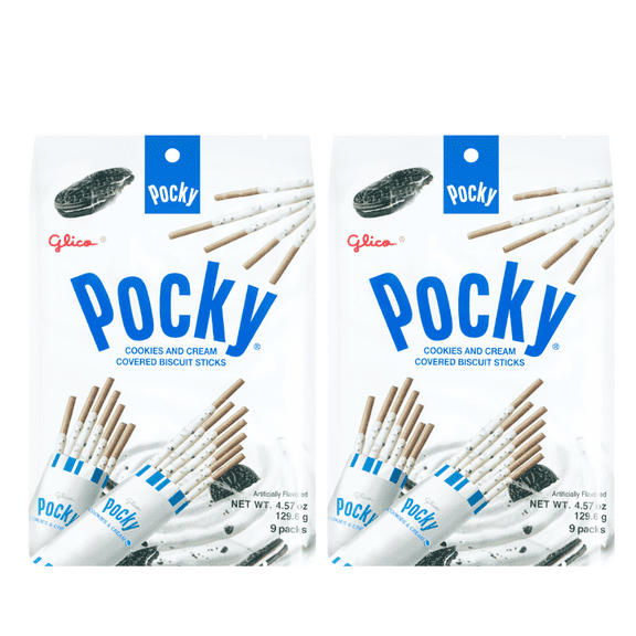 GLICO Pocky Cookies and Cream Covered Biscuit Sticks - 9 Individual Packs Inside 4.57 oz (129.6g) - 2 Pack
