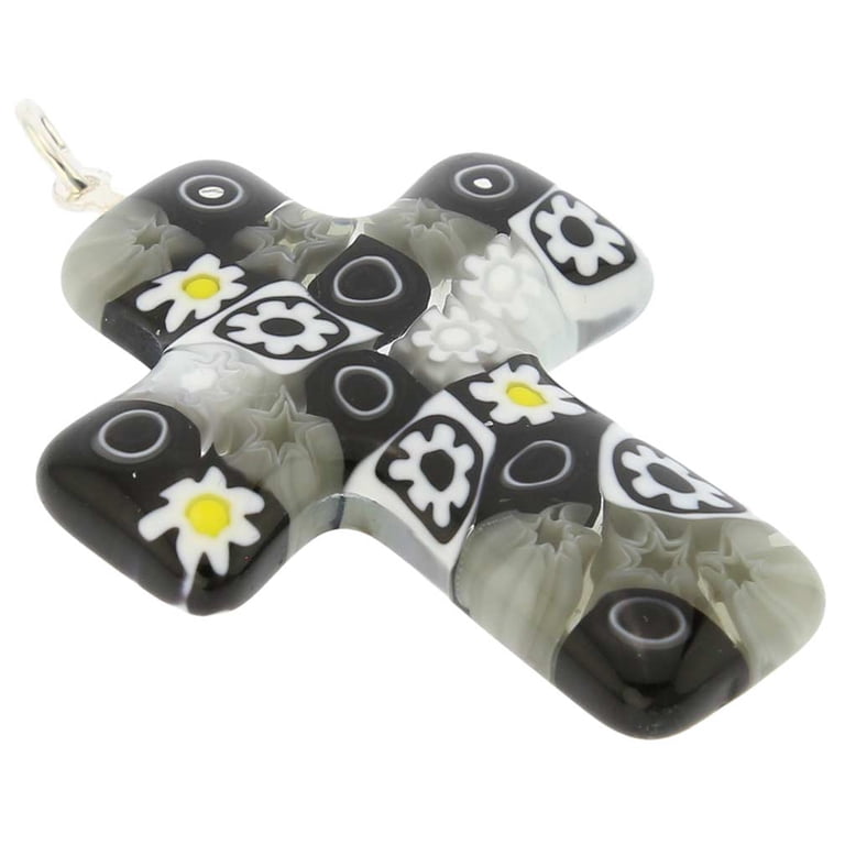 Glass Of Venice Murano Glass Millefiori Cross Pendant - Black & White Handmade Italian Necklace