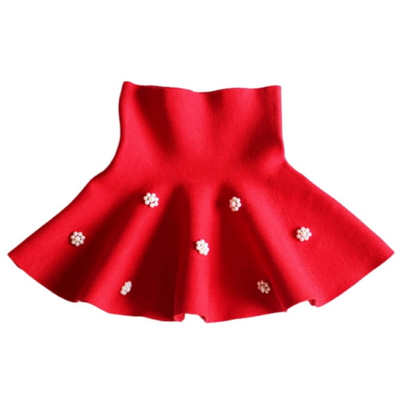 Little Girls Flare Pleated Skirts Knitted Casual High Waist A-Line Cute Flared Skater Uniform Skirt Red, 8-9Y