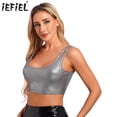 thumbnail image 2 of Top plateado sexi para mujer, Top bajo con cuello en U, Top corto ajustado con correas dobles, ropa para discoteca, fiesta de baile, Jazz, discoteca, Top metálico brillante para el vientre, 2 of 5