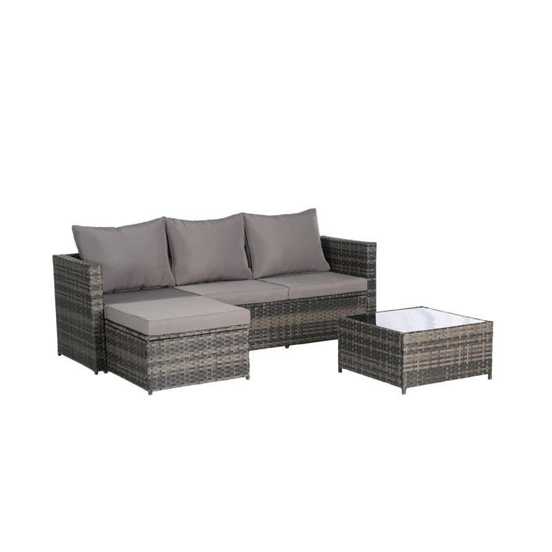 3-Piece Patio Furniture Set with Coffee Table, Outdoor L-Shaped Sectional Sofa Set with Ottoman, Wicker Outdoor Conversation Set for Backyard Poolside