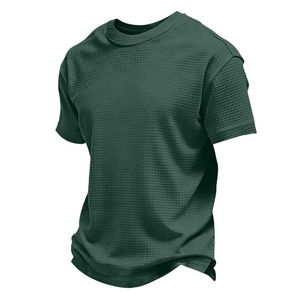 OIOLOYJM Waffle Knit Shirts for Men Short Sleeve Pullover Crewneck Ribbed Texture Tops Vintage Loose Lightweight Summer Workout Clothes Dark Green 5XL