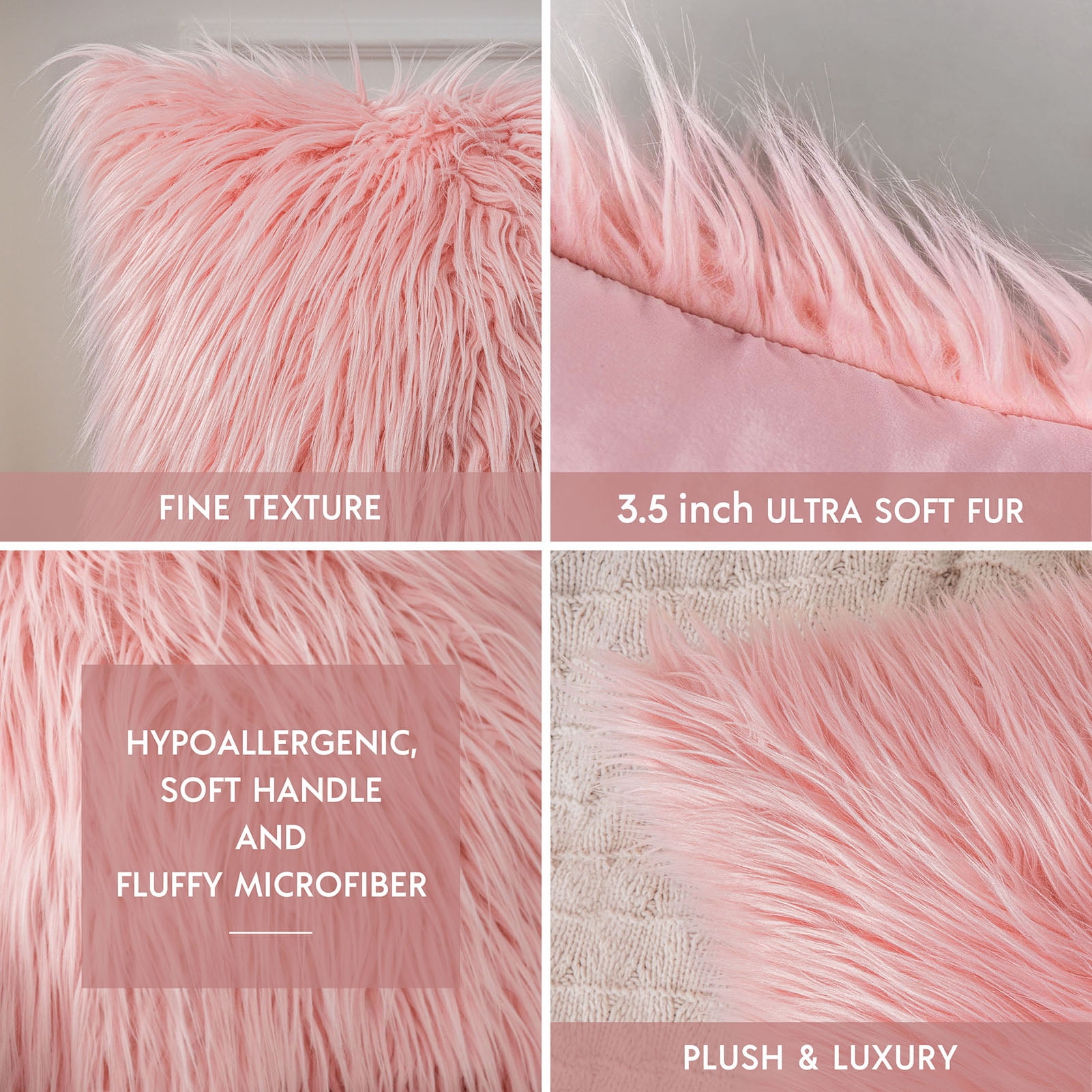 Phantoscope 18" x 18" Faux Fur Decorative Throw Pillow, Plush Cushion with Insert for Couch, Bed, Chair, Light Pink, 1 Pack