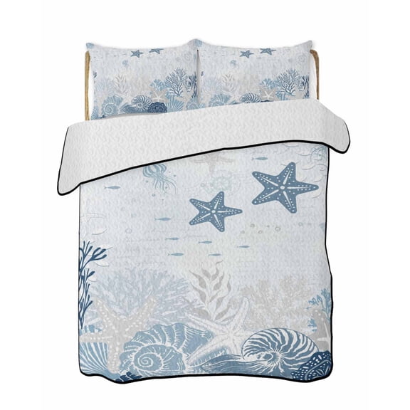 Quilts Queen Size Bedding Set, Blue Starfish Coastal Lightweight Quilted Comforter, Nautical Summer Beach Coral Shell Soft Reversible Bedspread Coverlet with Pillow Covers for All Season, 90" x 96"
