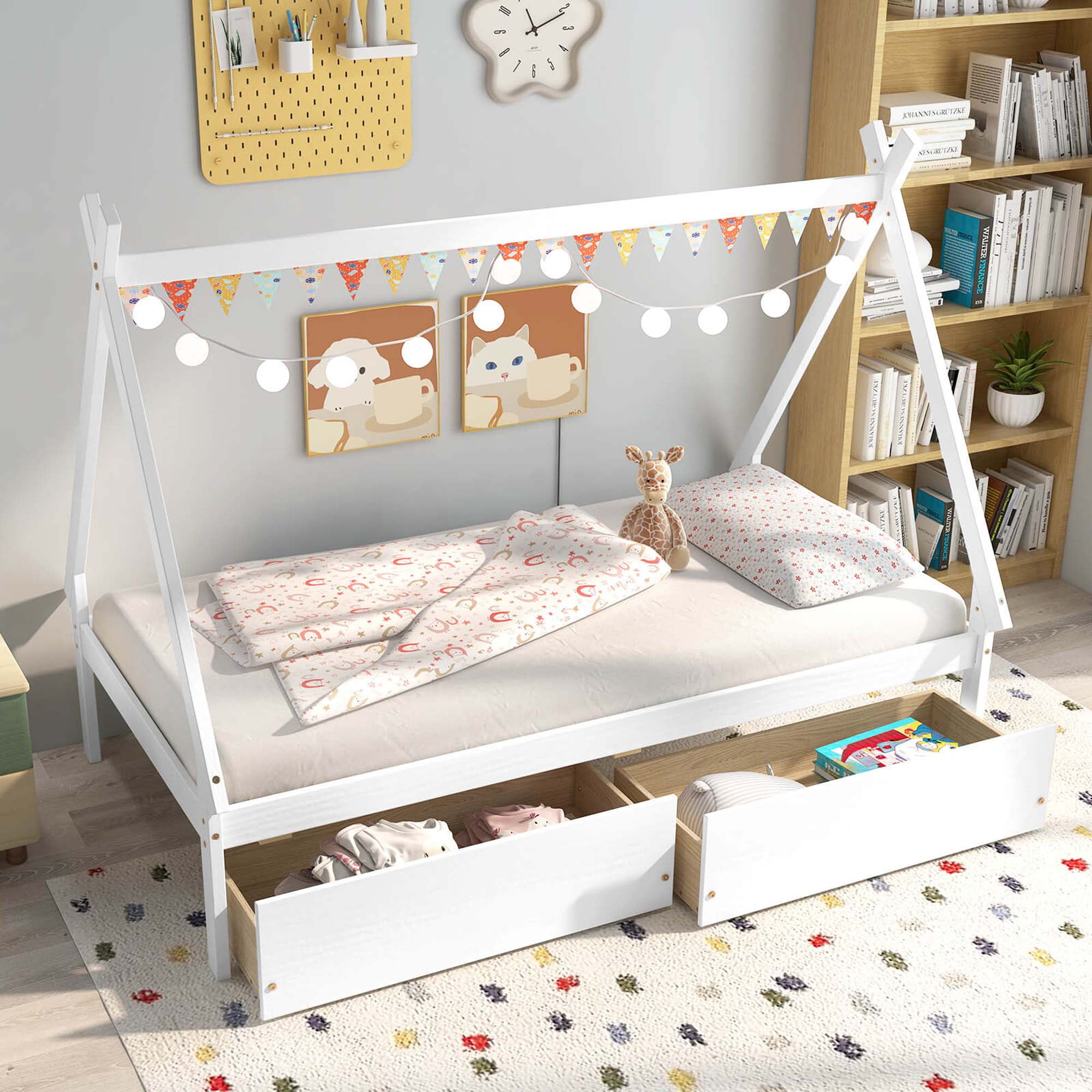 Costway Twin Size Wooden House Bed with 2 Drawers Roof Storage for Boys & Girls White