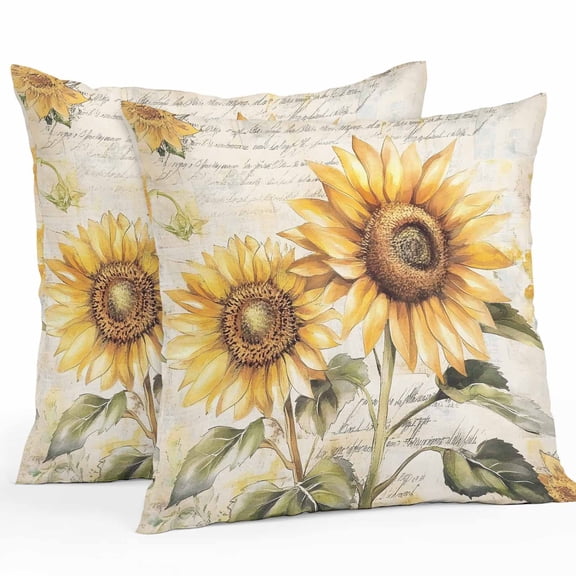Waterproof Throw Pillow Covers Set of 2, 24x24 Inch Sunflower Floral Decorative Pillowcases Outdoor Pillow Slip Cushion Covers Set for Couch Tent Spring Summer Vintage Botanical