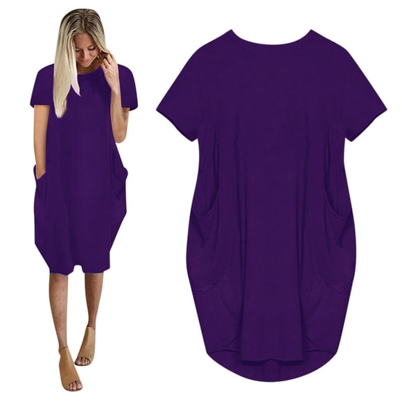 DondPO Midi Dresses for Women,Summer Dresses Womens Jumper Ladies Oversized Baggy Short Sleeve Pocket Pullover Mini Dress Casual Dresses,Beach Dress Dresses for Women Purple Dress S