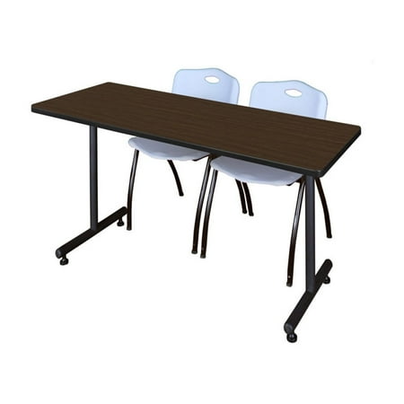 Regency Kobe 66 x 30 in. T-Base Training Seminar Table- Neo Walnut 2 M Stack Chairs- Grey