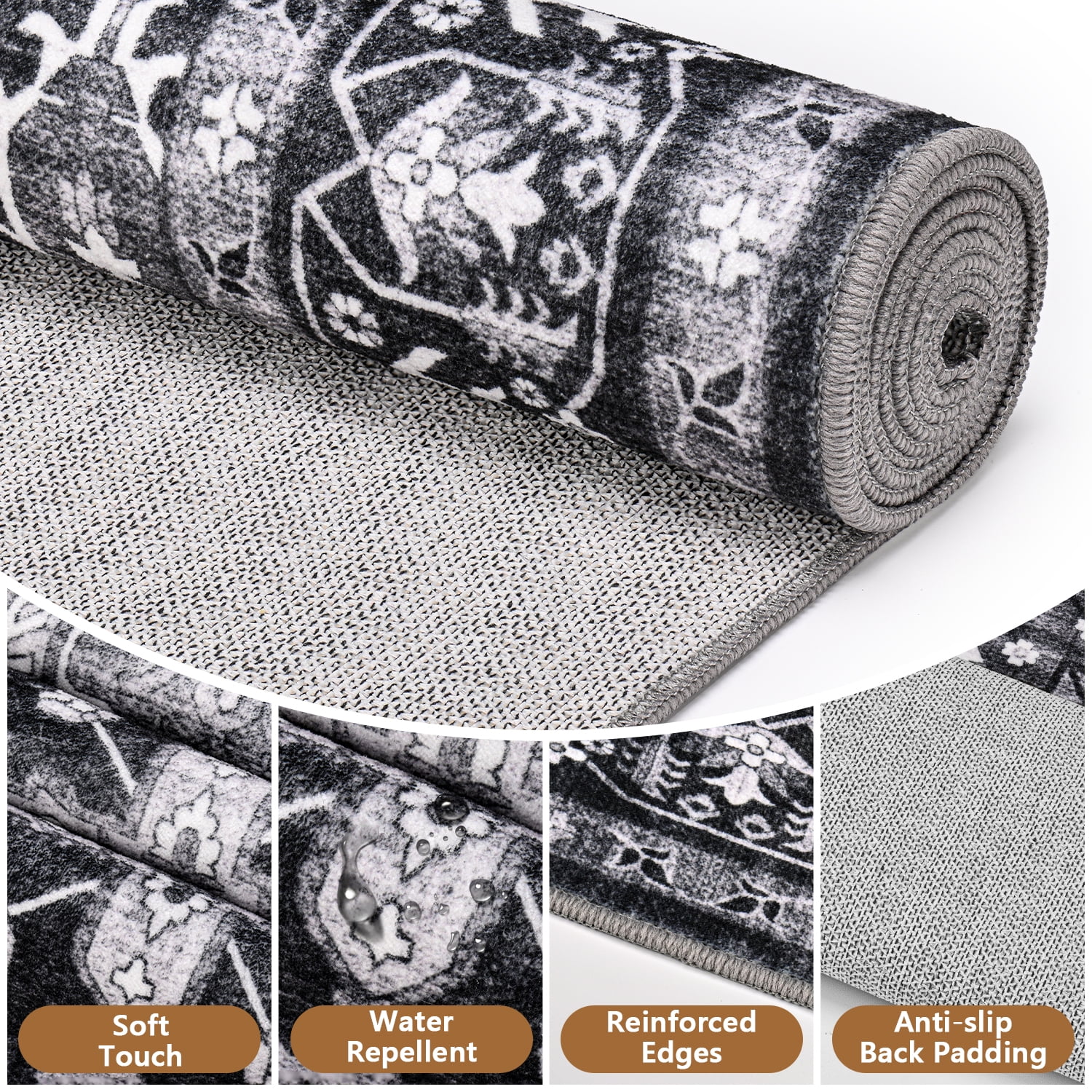 Area Rugs for Living Room, Quccifan 8'x10' Washable Vintage Boho Low Pile Non-Slip Soft Black Persian Distressed Carpet for Bedroom, Office