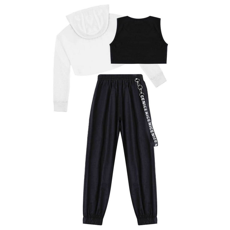 YIZYIF Kids Girls Hip Hop Dance Wear Cropped Hoodie Tank Top with Jogger Pants Set Jazz Street Dance Costume Walmart
