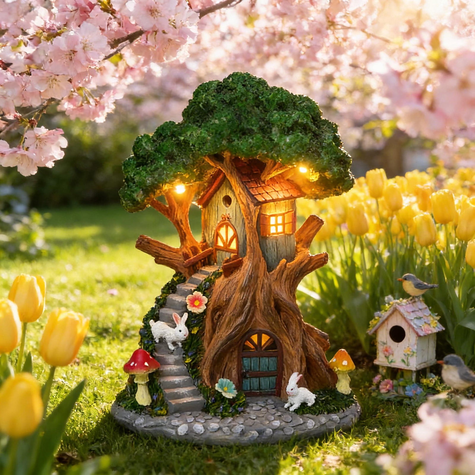 Ke1Clo Solar Tree House Garden Statue, Whimsical LED Outdoor Decor Garden Ornament, Resin Yard Art Sculpture for Patio Lawn Landscaping