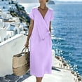thumbnail image 5 of Women's Solid Color Wrap V Neck Midi Dress Short Sleeve Tie Waist Casual Vacation Dress with Pockets Purple M(M), 5 of 7