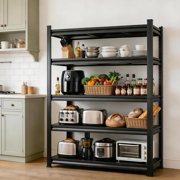 40"W Kitchen Shelves, 5-Tier Freestanding Metal Kitchen Stand Storage Shelving Unit, Adjustable Pantry Rack, Heavy Duty Shelves Organizer, 2000 LBS Larage Capacity, 78"H*40"W*16"D, Black