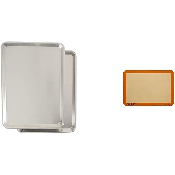 Nordicware Natural Aluminum Commercial Baker's Half Sheet (2 Pack), Silver & Silpat AE420295-07 Premium Non-Stick Silicone Baking Mat, Half Sheet Size, 11-5/8-Inch x 16-1/2-Inch