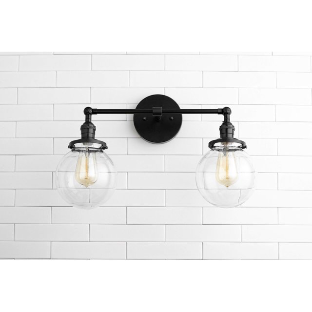 Clear Globe Vanity Black Light Fixture Two Bulb Bathroom Sconce