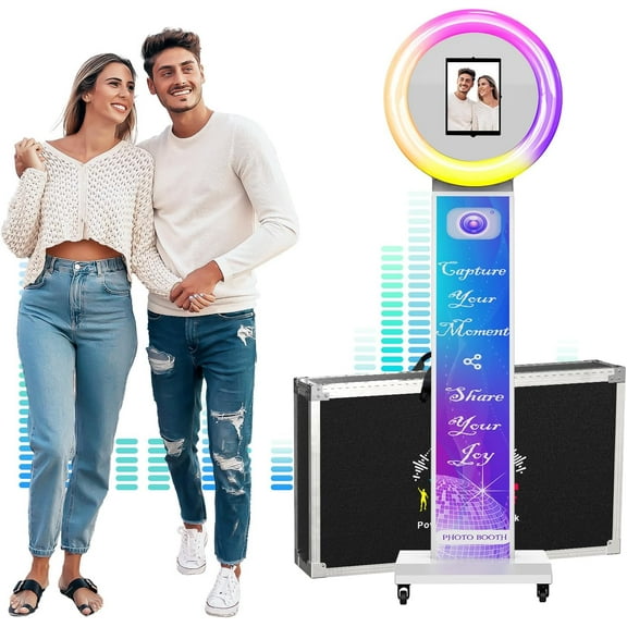 MWE Photo Booth Stand for ipad 12.9'' 10.9'' 10.2'' with Ring Light Software APP and Remote Control, RGB Lights Music Sync, Flight Case