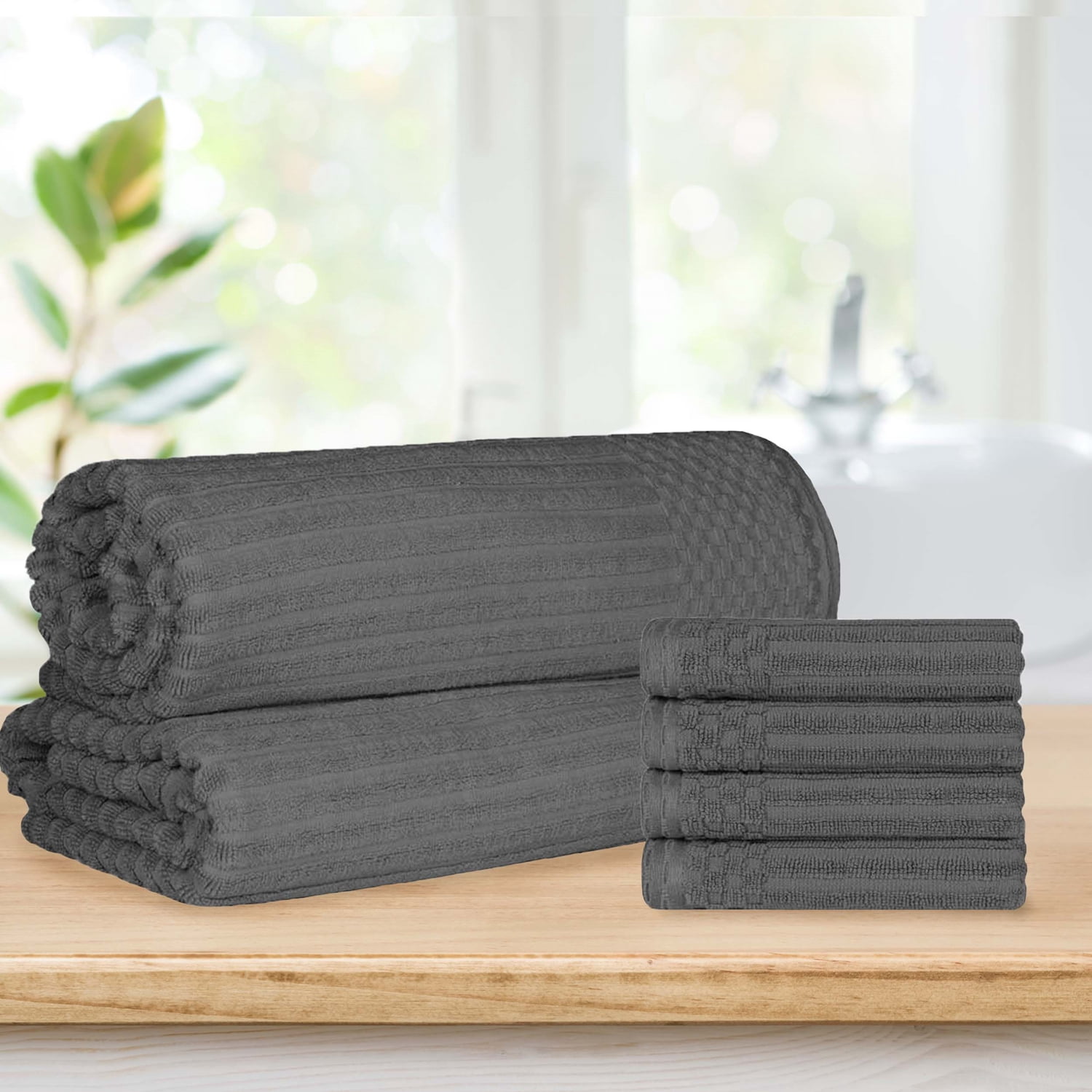Superior Ribbed Cotton 6-Piece Charcoal Bath Sheet/ Hand Towel Set
