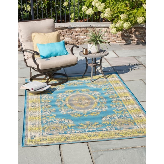 Unique Loom Outdoor Traditional Collection Area Rug - Cahuita (4' x 6' Rectangle Blue/Green)