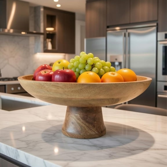 Wooden Fruit Bowl Stand, Mango Wood Pedestal Serving Bowl, Handcrafted Food Organizer Tray for Dining Table, Kitchen Counter Décor, 12 X 5.5 Inch