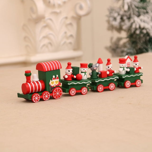 4 piezas de tren de madera navideño, tren de las maravillas de invierno, juego de decoración de mini tren, decoración navideña, juego de trenes de madera de muñeco de nieve