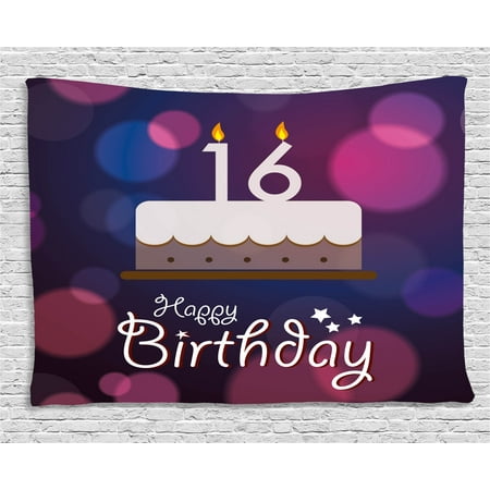 16th Birthday Decorations Tapestry, Cake Candle Anniversary of Birth Best Wishes Young Image, Wall Hanging for Bedroom Living Room Dorm Decor, 80W X 60L Inches, Fuchsia Dark Blue, by