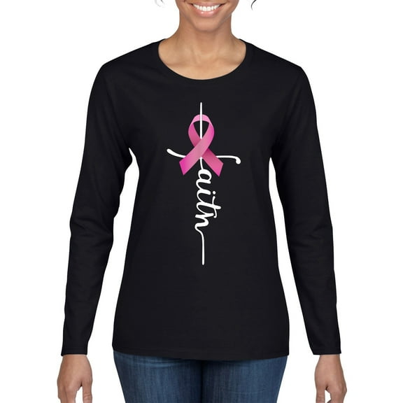 Wild Bobby Faith Breast Cancer Ribbon Breast Cancer Awareness Women Graphic Long Sleeve Tee, Black, Small