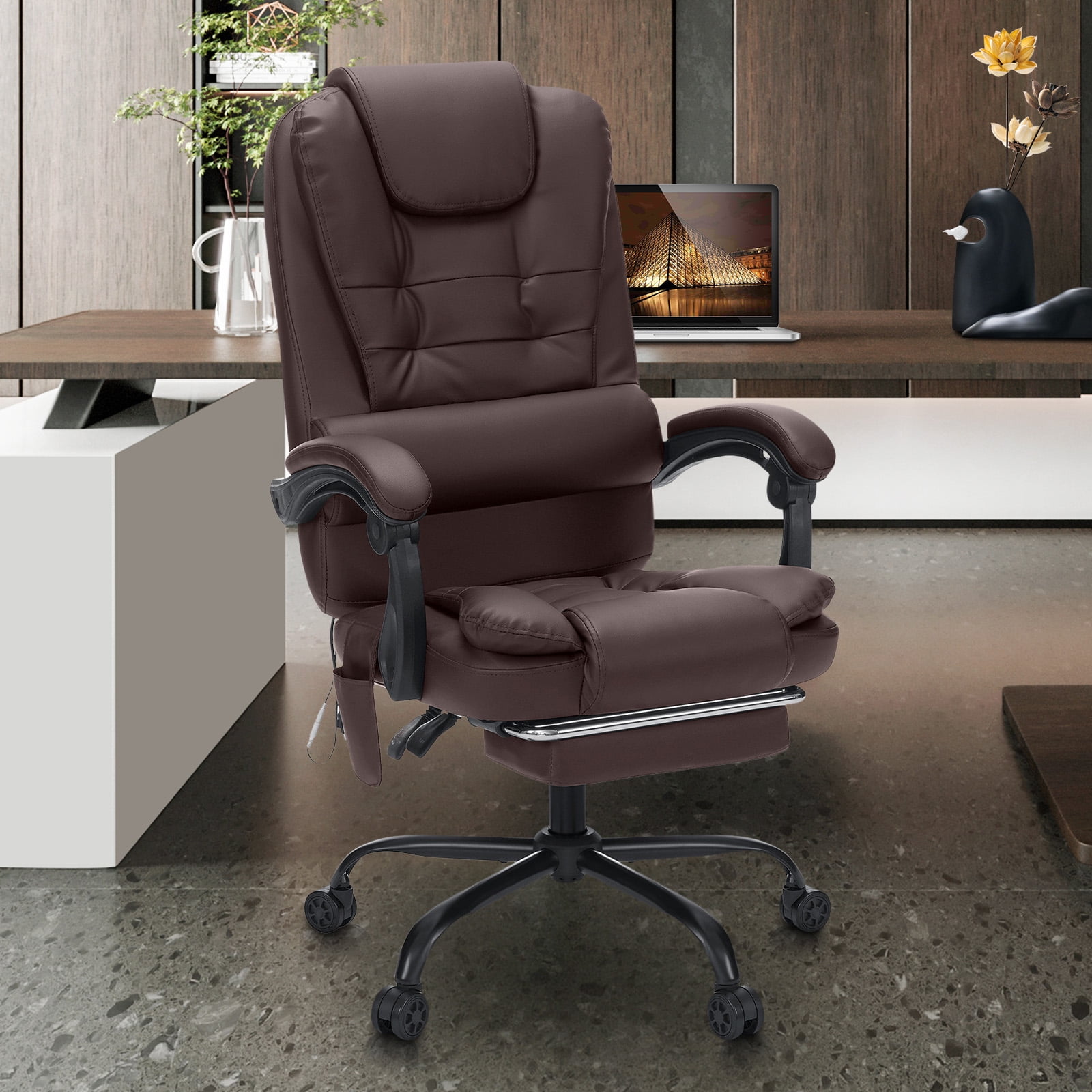 Hoffree Executive Office Chair Massage and Footrest Ergonomic Computer Desk Chair Reclining High Back Leather Office Chair Lumbar Back Support Swivel Rolling for Home Office Brown