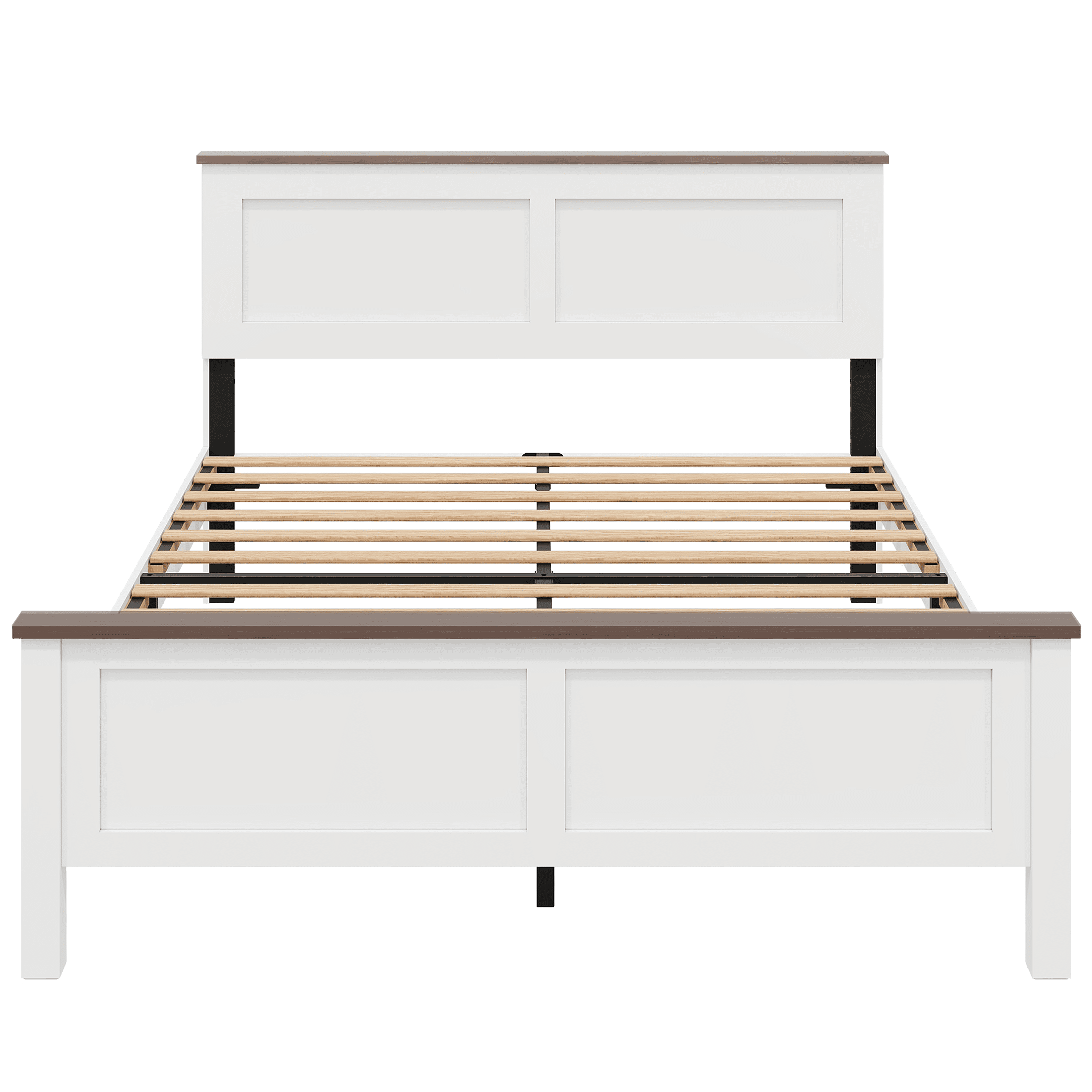 UHOMEPRO Full Size Bed Frame, Wood Platform Bed with Headboard and Footboard, Full Bed Frame with Wooden Slats, Holds 500lbs, Easy Assembly, No Box Spring Needed, Brown and White